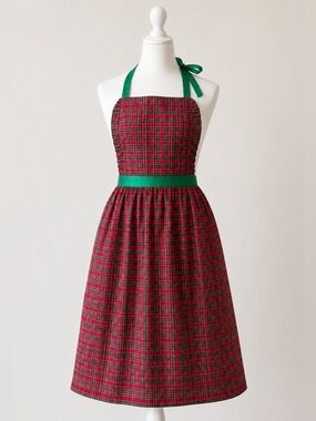Vintage 1950s Red Green Plaid Christmas Apron Entertaining Cottagecore